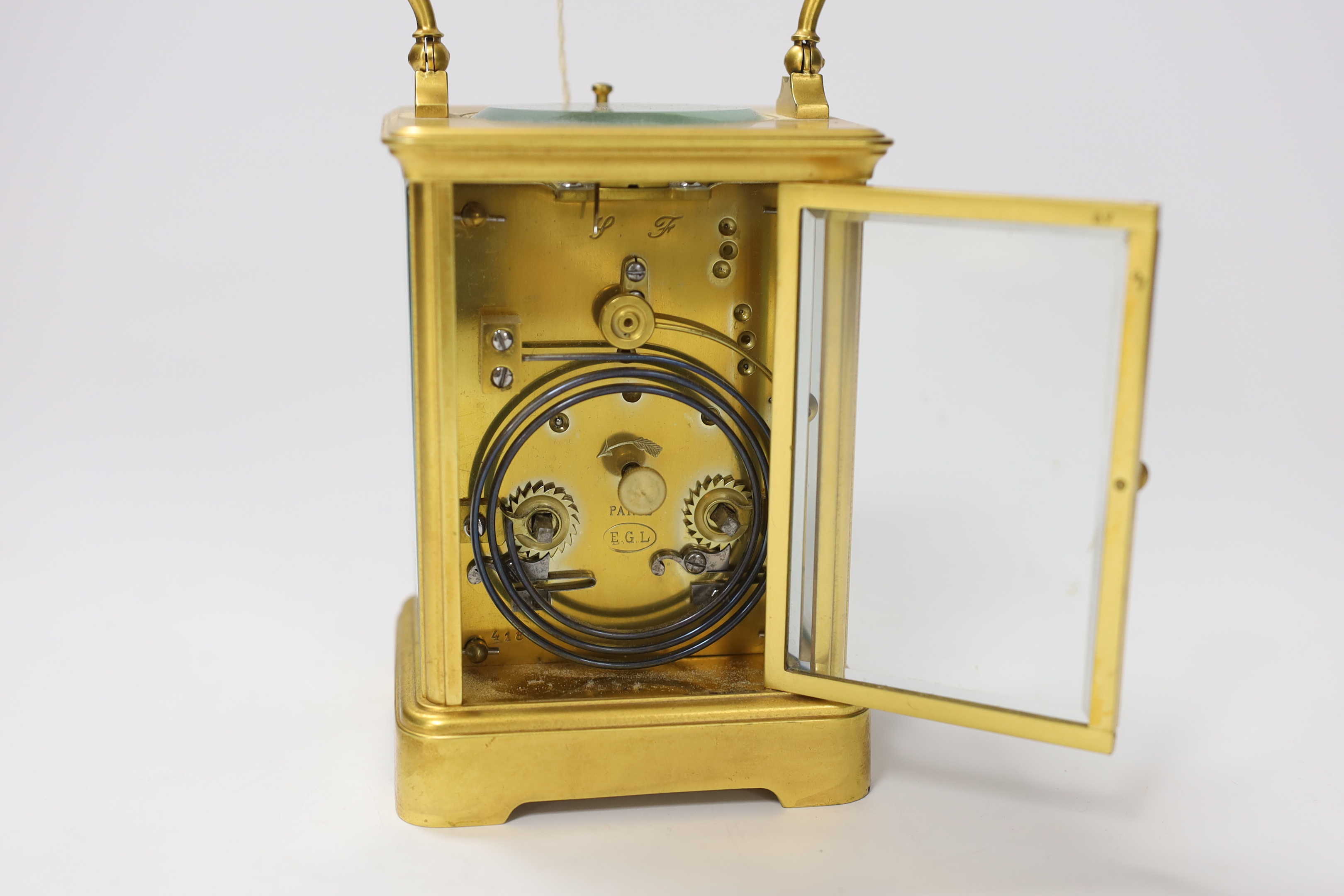 A gilt brass carriage clock with repeater, the dial inscribed Edward & Sons Glasgow, 18cm high